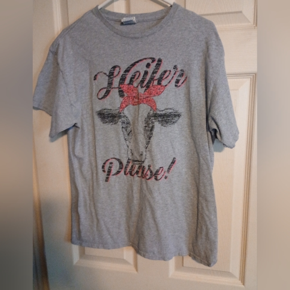 Gray Women's Shirt with Heifer Please Graphic Size Large